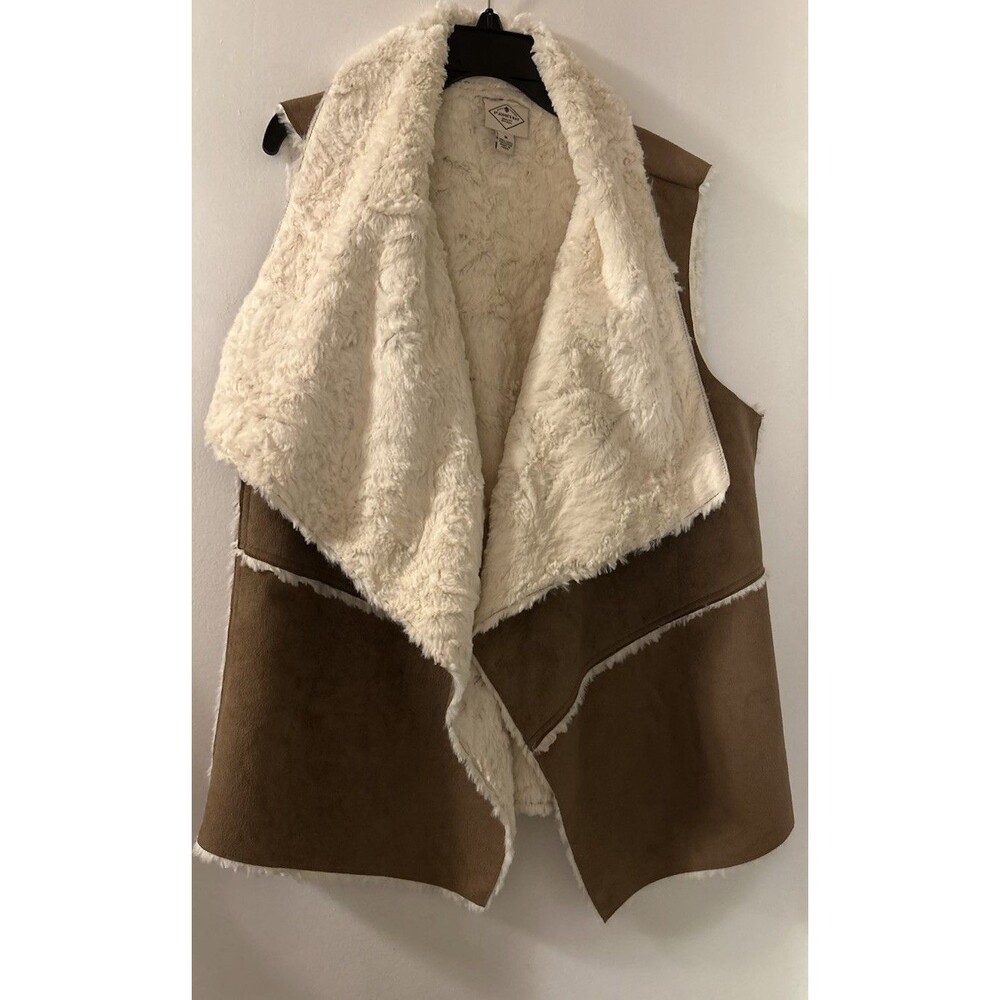 St. John’s Bay Taupe Faux Suede & Sherpa Sleeveless Open Front Vest Women’s SZ M